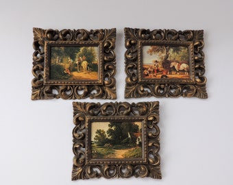 Vintage Truart Wall Plaques Set of 3 / Hollywood Regency Style Framed Prints Paintings by Truart