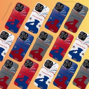 May include: A collection of phone cases with patriotic designs. Each case features a saluting soldier silhouette, fireworks, and the text "American Pride" in red, white, and blue. The number "230" is also printed on each case.