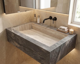 Marble Look Porcelain Floating Vanity Sink | Wall Mounted Bathroom Sink, Hidden Drain