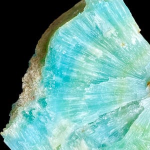 May include: Close-up of a mineral specimen with a striking display of crystalline structures. The mineral features a vibrant blend of turquoise and light green hues, with a radial pattern emanating from a central point. The background is black.
