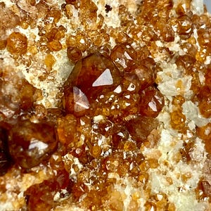 Pode incluir: Close-up de um espécime mineral com aglomerados de cristais translúcidos de cor âmbar. Os cristais têm uma forma geométrica e estão dispostos sobre um fundo de material de matriz esbranquiçado e bege. A textura geral é áspera e cristalina.