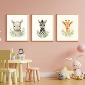 Safari Animal Wall Art Set of 3, Boho Nursery Prints, Jungle Baby Room Decor, Kids Safari Poster Set - Zebra, Giraffe, Rhino