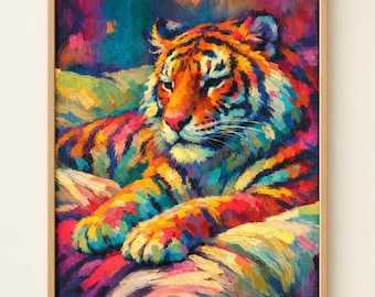 Colorful Tiger Wall Decor, Modern Painterly Tiger Print