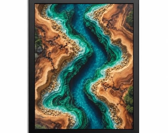 Abstract River Wall Art, Black Framed Poster, Teal Turquoise Aerial Print