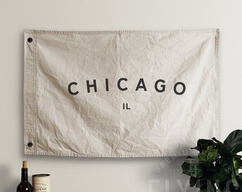 Chicago Hand Painted Cotton Canvas Flag - Vintage Look | Wall Tapestry | Home Decor | Banner