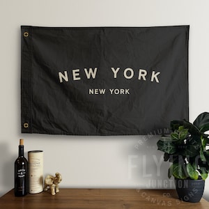 Hand Painted New York City Flag: Vintage Cotton Canvas Wall Banner