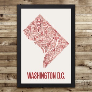 WASHINGTON DC Neighborhood Typography City Map Print Ruby Red