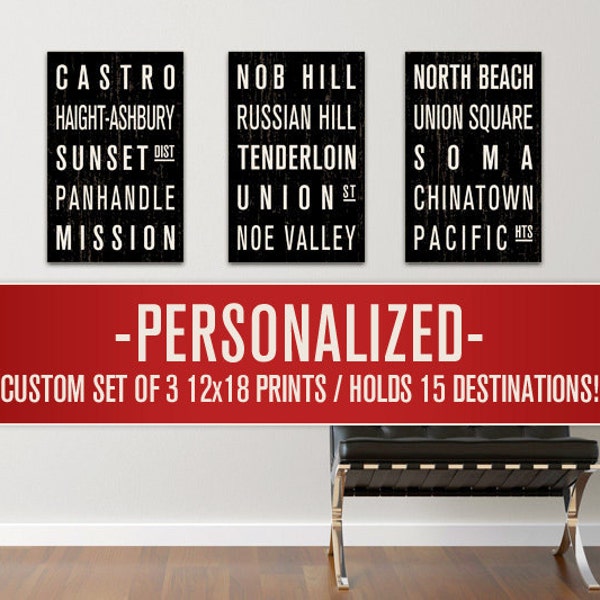 PERSONALIZED Collection of 3 Subway Sign Prints. Bus Scrolls. 12 x 18