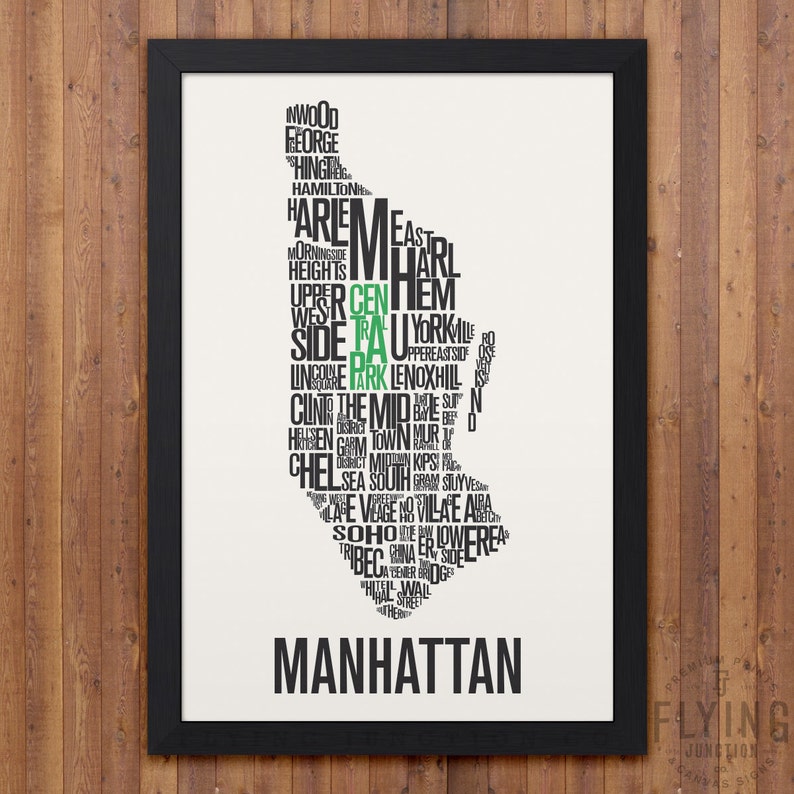 MANHATTAN New York City Typography Map Print Black w/White Back