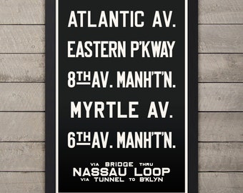 BROOKLYN & MANHATTAN (Nassau Loop) New York City Subway Sign. Bus Scroll. 12 x 18 Rollsign Print