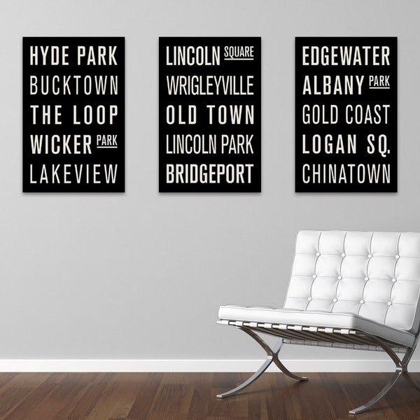 CHICAGO Subway Sign Prints. Parchemins de bus (Collection de 3)