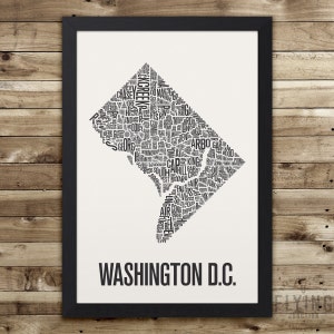 WASHINGTON DC Neighborhood Typography City Map Print Black w/White Back