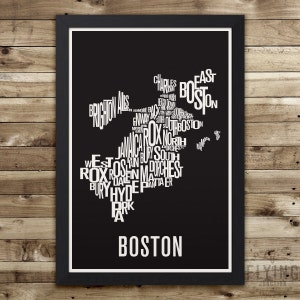 Boston Neighborhood Typography City Map Print Black w/White Back