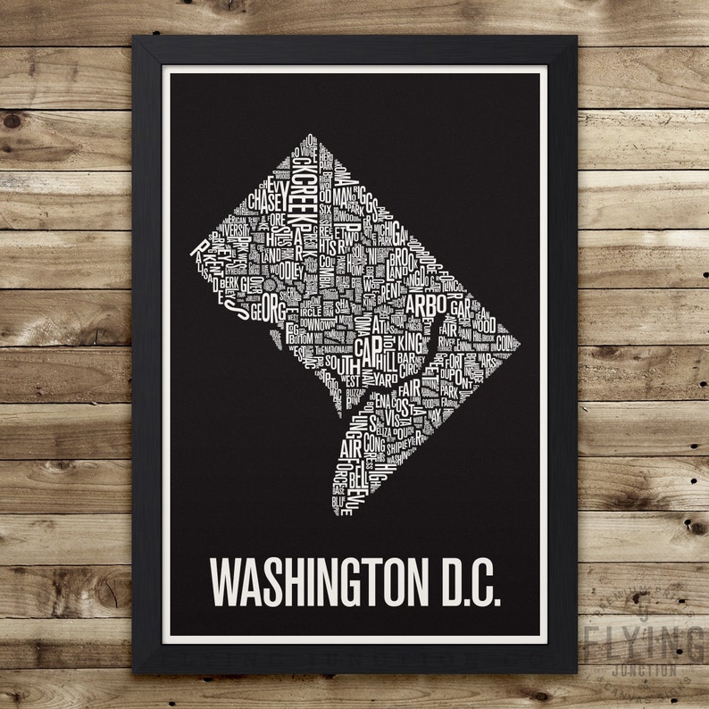 WASHINGTON DC Neighborhood Typography City Map Print White w/Black Back