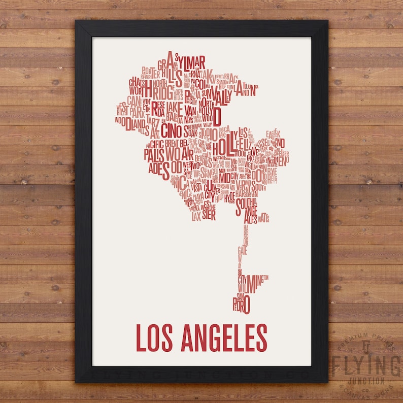 LOS ANGELES Neighborhood Typography City Map Print Ruby Red