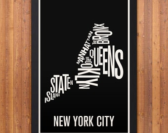 NEW YORK CITY Boroughs Typography Map Print - 12" x 18"