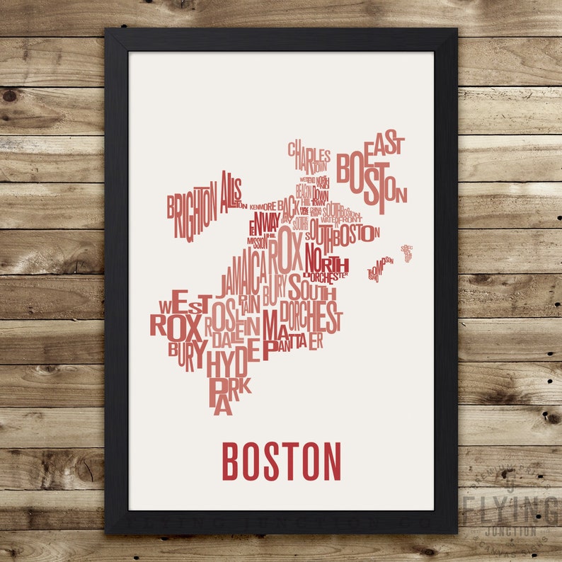 Boston Neighborhood Typography City Map Print Ruby Red