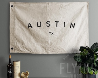 Austin Texas Hand Painted Cotton Canvas Flag - Vintage Look | Wall Tapestry | Home Decor | Banner
