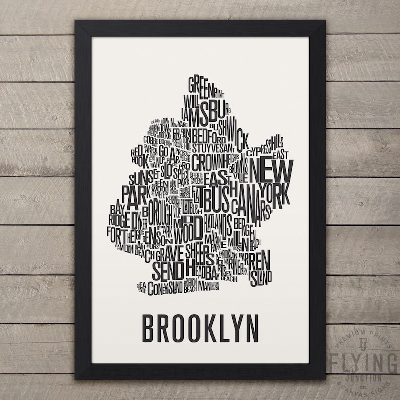 BROOKLYN New York Neighborhood Typography City Map Print Black w/White Back