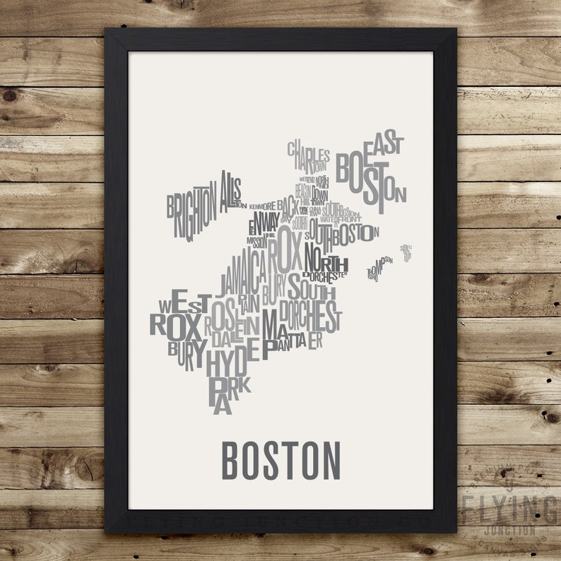 Boston Neighborhood Typography City Map Print Medium Gray