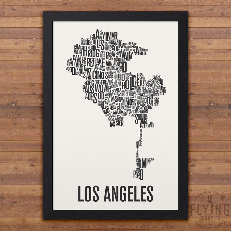 Los Angeles Neighborhood Typography City Map Print Black w/White Back