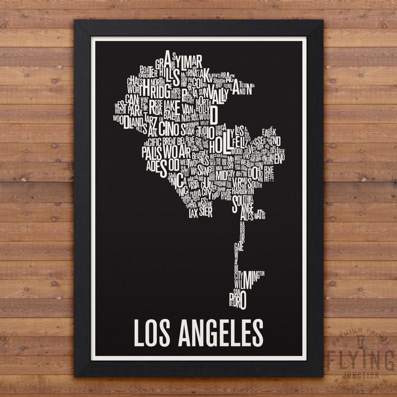 Los Angeles Neighborhood Typography City Map Print White w/Black Back