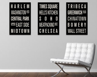 NEW YORK CITY Neighborhoods Subway Sign Prints. Bus Scrolls. (Collection of 3)