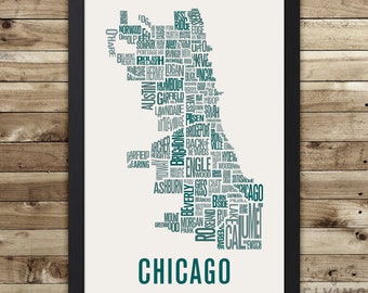 CHICAGO Neighborhood Map Print, chicago wall art, chicago typography map, chicago gift