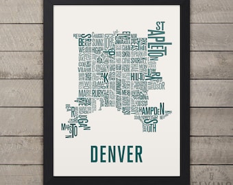 Denver typography map, denver neighborhoods print, denver map art, denver gift, denver city print