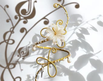 Whimsical Gold Ivory White Flower Arm Cuff