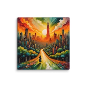 The Golden Road - Vibrant Cityscape & Sunset Journey | Abstract Canvas Art Print
