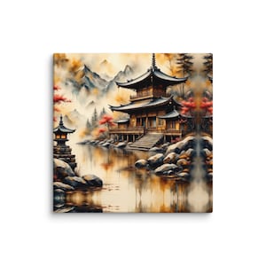 Temple of Tranquility - Lakeside Zen Temple & Autumnal Landscape | Asian-Inspired Canvas Print