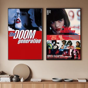 May include: Two framed film posters. The left poster has the title "the DOOM generation" in white and blue on a red background. The right poster features a woman's face and Japanese text.