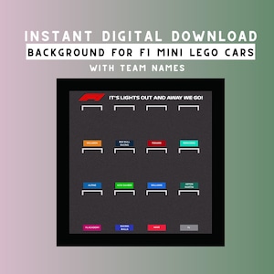 Puede incluir: Fondo de descarga digital para coches Lego F1 mini con nombres de equipos. La imagen presenta un fondo negro con el texto "IT'S LIGHTS OUT AND AWAY WE GO!" y nombres de equipos en varios colores.