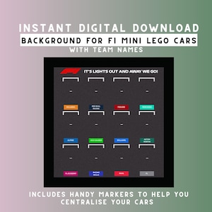 Può includere: Sfondo digitale per mini auto Lego F1 con nomi dei team. Lo sfondo nero presenta i loghi dei team e il testo «IT'S LIGHTS OUT AND AWAY WE GO!». Include indicatori per centrare le auto.