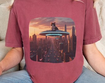 Cat UFO Graphic T-Shirt, Funny Alien Kitty Tee, Cat Lover Gift