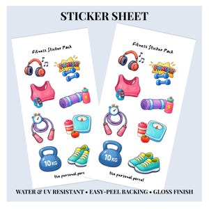 May include: Two sticker sheets with fitness-themed illustrations. Each sheet features colorful images of headphones, a sports bra, dumbbells, a yoga mat, a water bottle, a scale, a jump rope, a protein shake, an apple, a kettlebell (10 kg), and sneakers. The text "STICKER SHEET" is at the top.
