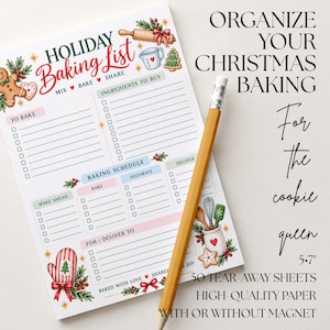 May include: A white paper notepad titled Holiday Baking List with sections for ingredients, baking schedules, and delivery tasks. The page features colorful illustrations of gingerbread, a rolling pin, and a whisk. A yellow pencil rests on the pad.