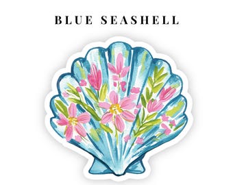 Pegatina floral de conchas marinas azules: Vinilo decorativo costero en acuarela