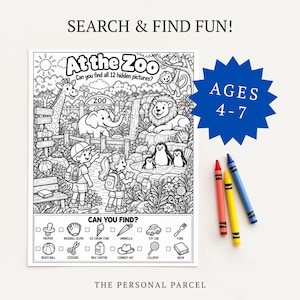 May include: A black and white activity sheet titled At the Zoo with a hidden picture scene featuring animals and children, a checklist of 12 items to find, and the text SEARCH & FIND FUN! AGES 4-7. Three crayons in red, yellow, and blue are included.