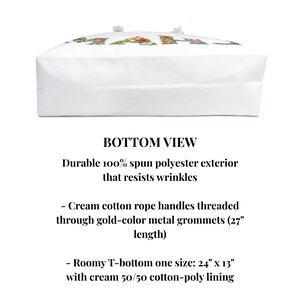 May include: White tote bag with cream cotton rope handles threaded through gold-color metal grommets. The bag is made of durable 100% spun polyester exterior and has a roomy T-bottom size of 24" x 13".
