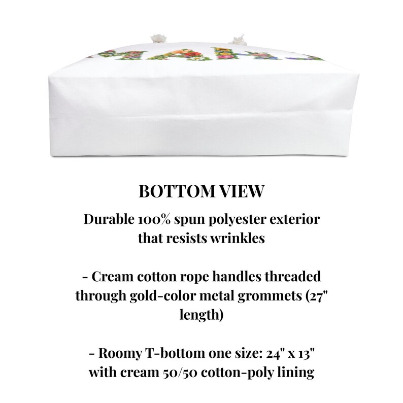 May include: White tote bag with cream cotton rope handles threaded through gold-color metal grommets. The bag is made of durable 100% spun polyester exterior and has a roomy T-bottom size of 24" x 13".