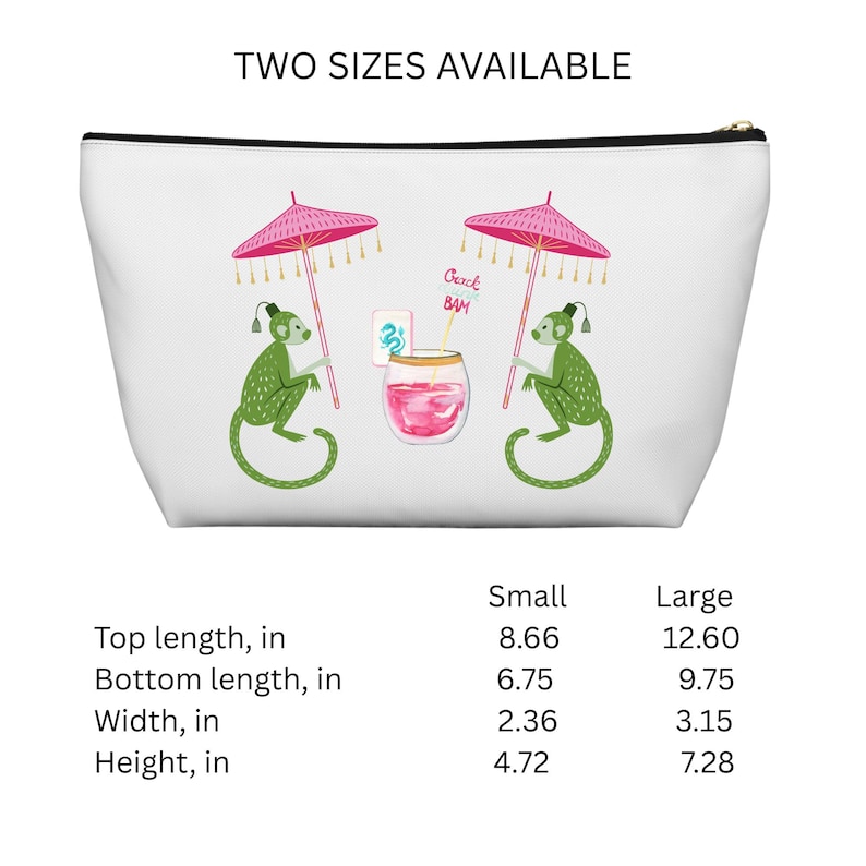 May include: White cosmetic bag with a black zipper, featuring a whimsical design of two green monkeys holding pink umbrellas. A cocktail with the text "Crack BAM" is in the center. The bag is available in two sizes, with a top length of 8.66 inches and 12.60 inches.