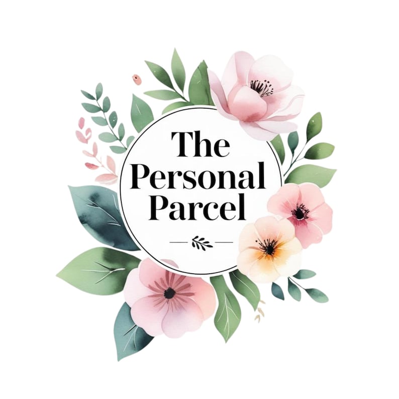 May include: A circular logo with the text "The Personal Parcel" in black, surrounded by watercolor-style pink flowers and green leaves. The design has a delicate, feminine aesthetic, perfect for branding.