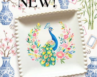 Mahjong Peacock Porcelain Plates – Set of 4 Beaded Edge Appetizer Dishes