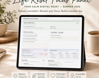 Panel de enfoque para reinicio de vida / Planificador digital / Diario de ansiedad, reinicio de verano y tabla de rutinas con imprimible