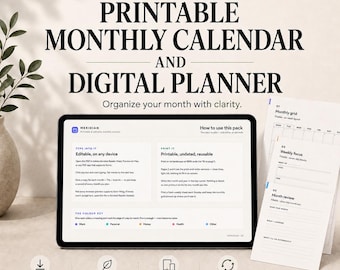 Calendario mensual imprimible y planificador digital, PDF rellenable sin fechas, hojas semanales A4, descarga instantánea.