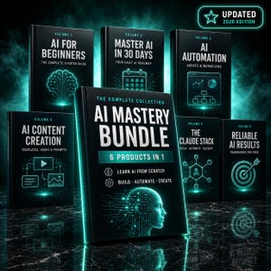 Könnte beinhalten: Eine Sammlung von sechs schwarzen Büchern mit dem Titel AI Mastery Bundle, die mit neongrüner Schrift und digitalen Grafiken versehen sind. Das Set enthält Bände zu KI für Anfänger, KI-Meisterschaft in 30 Tagen, Automatisierung, Inhaltserstellung, The Claude Stack und zuverlässige Ergebnisse, alle als aktualisierte Ausgabe 2026 gekennzeichnet.