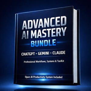 Może przedstawiać: Książka zatytułowana "ADVANCED AI MASTERY BUNDLE" z tekstem "CHATGPT • GEMINI • CLAUDE" i "Professional Workflows, Systems & Toolkit". Okładka jest granatowa z białym i niebieskim tekstem. Widoczne jest również "Open AI Productivity System Included".