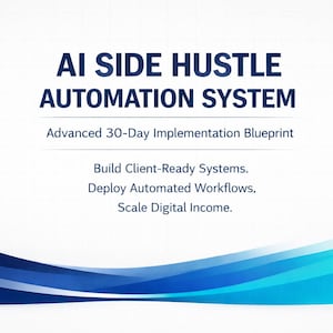 Może przedstawiać: Grafika cyfrowa z tekstem "AI SIDE HUSTLE AUTOMATION SYSTEM" w kolorze ciemnoniebieskim. Tekst znajduje się na białym tle z niebieskimi akcentami fal. Grafika zawiera również tekst "Advanced 30-Day Implementation Blueprint."